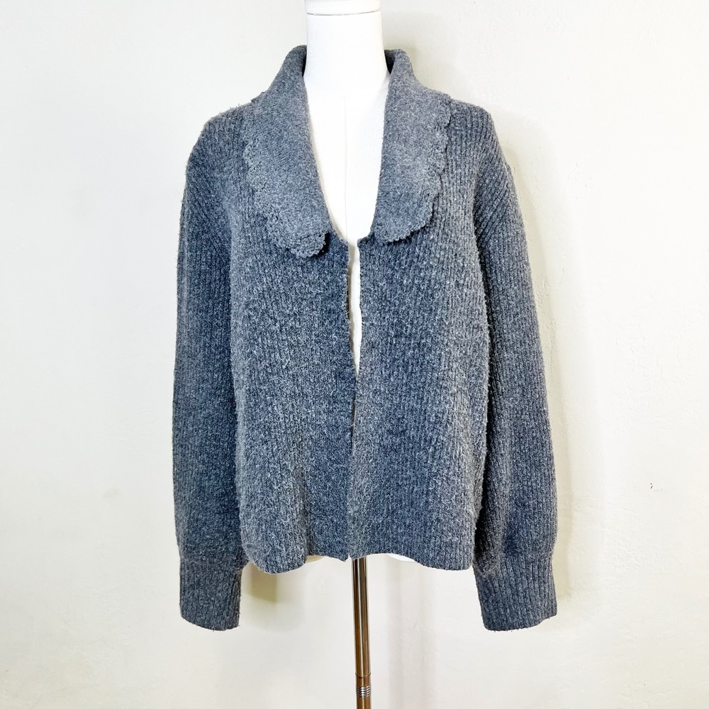 WAYF Charcoal Grey Ribbed Knit Scalloped Shawl Collar Cardigan Sweater XL